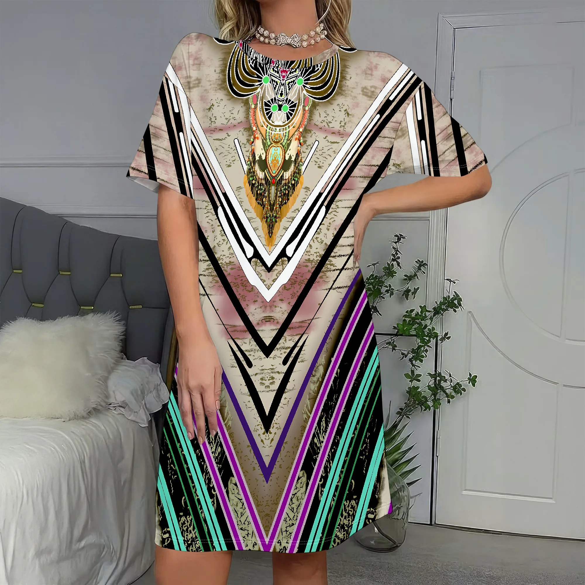 

Owl Print, Short Sleeve Dress, Boho Tunic, V-Neck Shift, Geometric Pattern, Vacation Beachwear, S-2XL