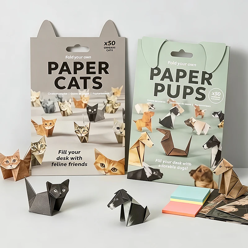 DIY Origami-Set für Katzen, Hunde und Dinosaurier, 50 Blatt DIY-Papier zum Falten Niedlicher Katzenfiguren, Vorgedruckte Blätter, Schreibtisch-Deko Geschenk für Tierliebhaber