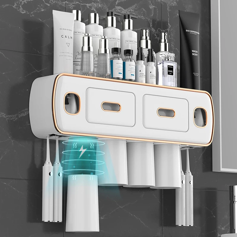 Magnetic Adsorption Toothbrush Holder Inverted Wall-Mounted Toothbrush Rack Double Squeezer Multifunctional Storage Rack