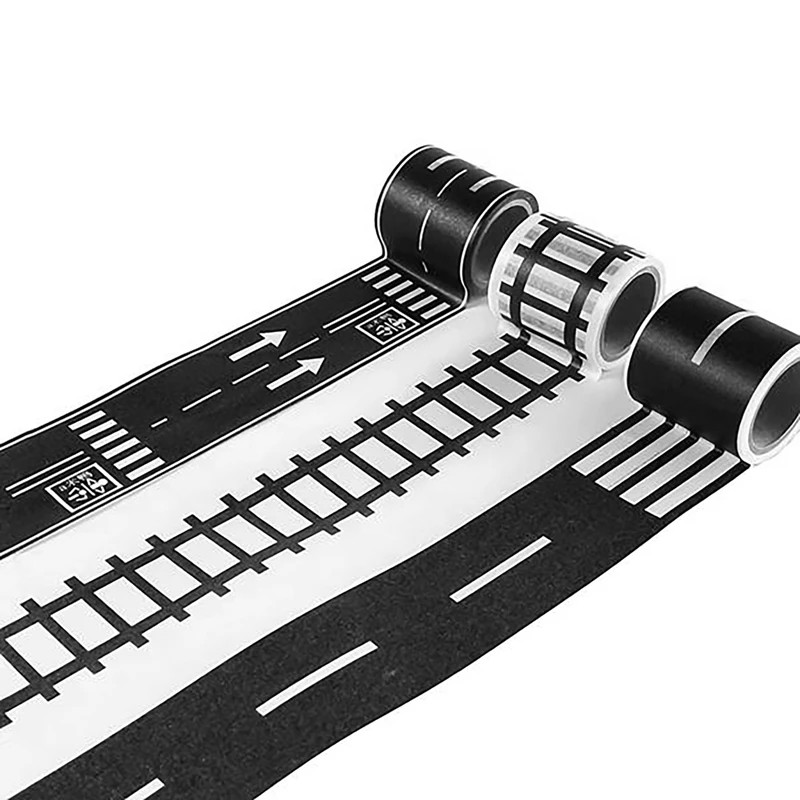 Bande de route pour voitures et trains jouets, 3 rouleaux, 4.8cm x 5m, voie droite courbe, panneaux de signalisation, cadeaux pour enfants