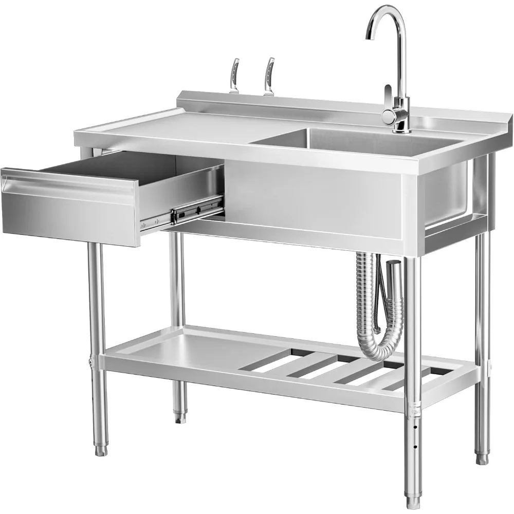 

39" 304 Stainless Steel Utility Sink, Free-Standing Commercial Sink with Workbench, Drawer Storage & Hot/Cold Water Pipes for La
