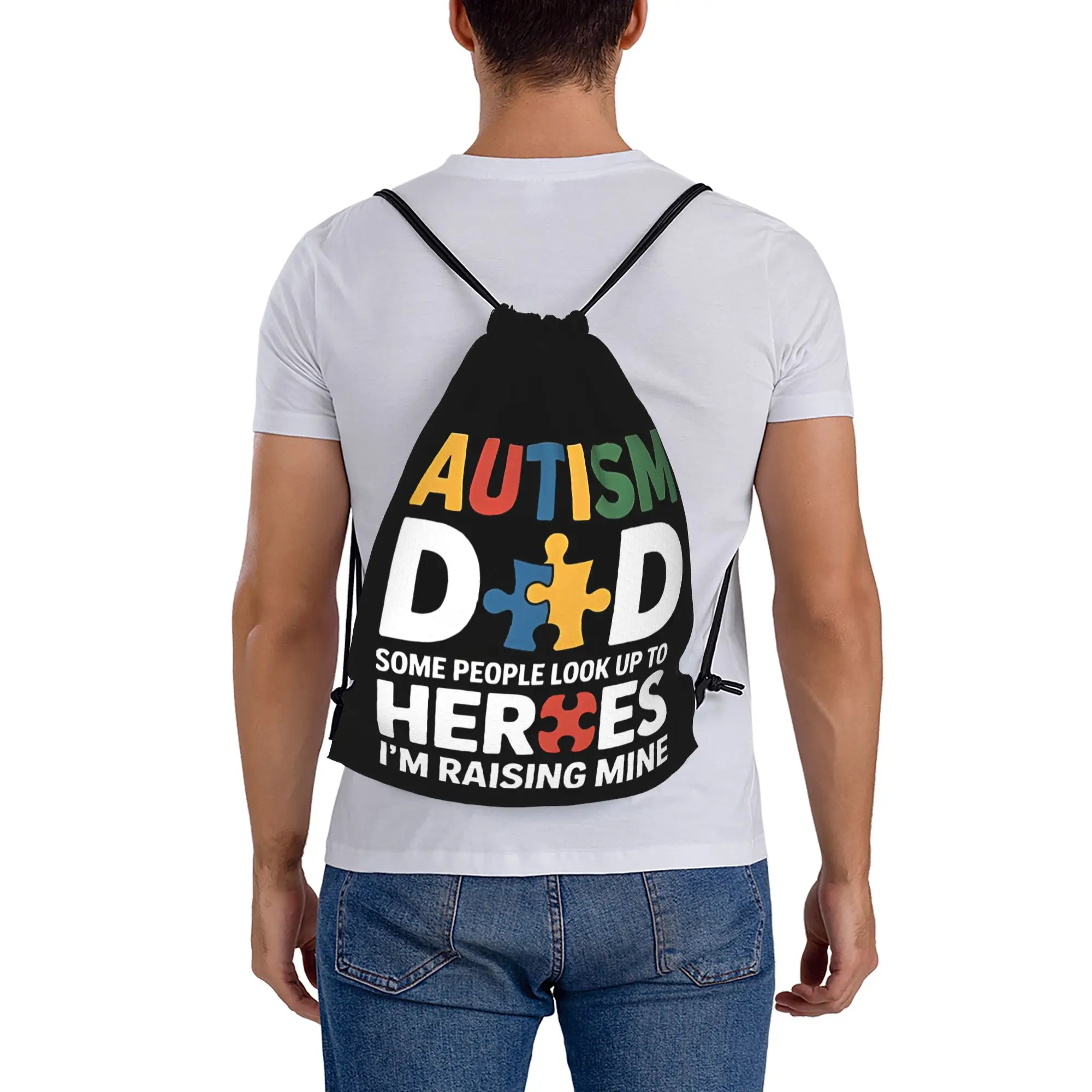 Autism Dad Some People Look Up To Their Heroes Multi-function Pocket Men Women Storage Backpack Travel Bag Print Drawstring Bags