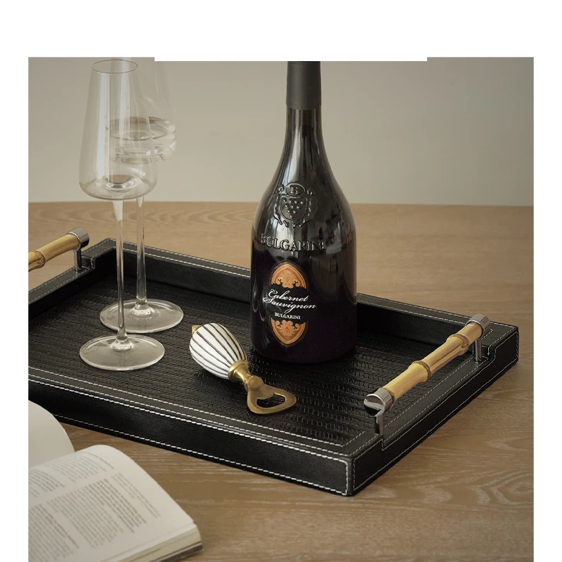 High end leather jewelry storage tray aromatherapy entrance French wooden handle living room desktop rectangular storage
