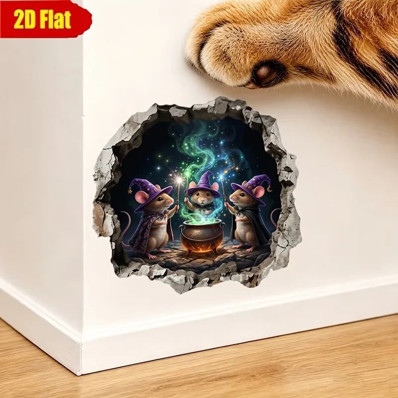VIKAMA Three Wizard Mice Cauldron Wall Sticker Xmas Fantasy Self-Adhesive Decor for Living Room Bedroom Dorm