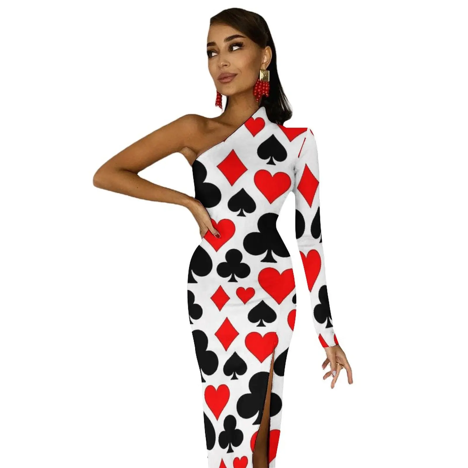 Casino Speelkaarten Speler Symbolen Maxi Jurk Lange Mouw Party Bodycon Jurken Lente Elegante Jurk Vrouwen Patroon Vestido