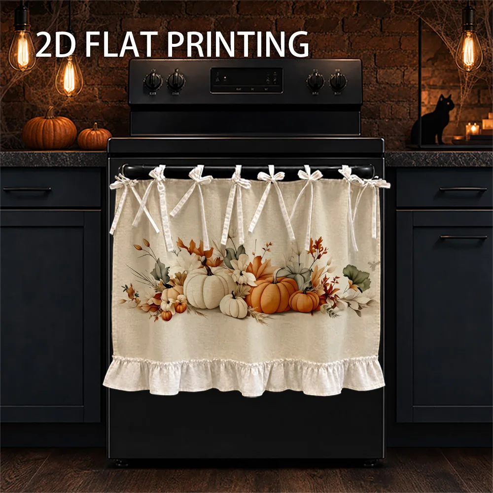1PC kitchen stove curtain, cabinet curtain, apron. 2D graphic design featuring fall and Halloween themes with white and orange p