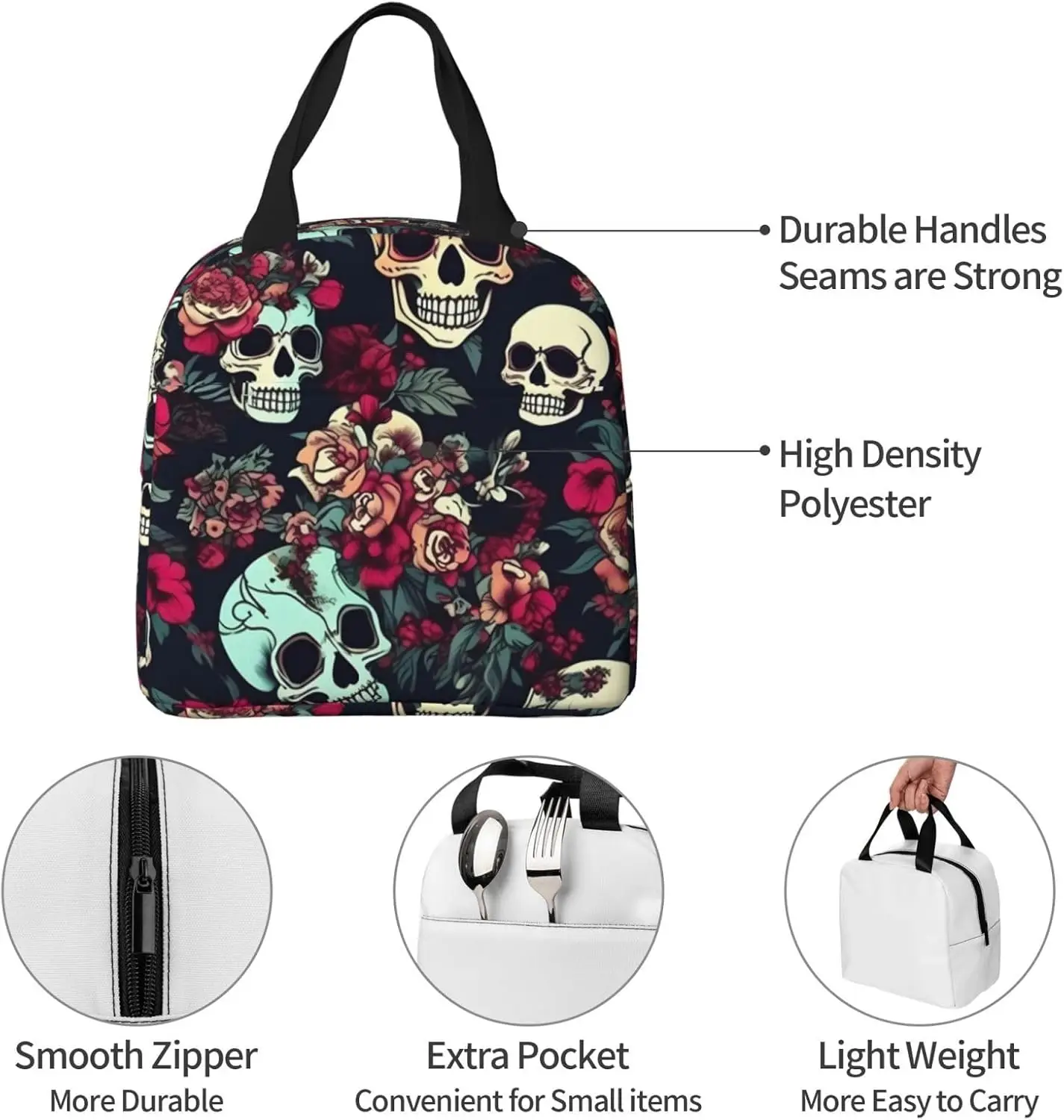 Bolsa de almuerzo con aislamiento con estampado de calaveras florales coloridas, fiambrera reutilizable con bolsillo frontal para trabajo y contenedor de Picnic impermeable