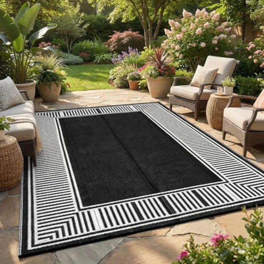 

Large Outdoor Rugs for Patio 10x14, Reversible Plastic Straw Rug in Black, Waterproof Portable for RV, Porch, Deck, Balcony, Be