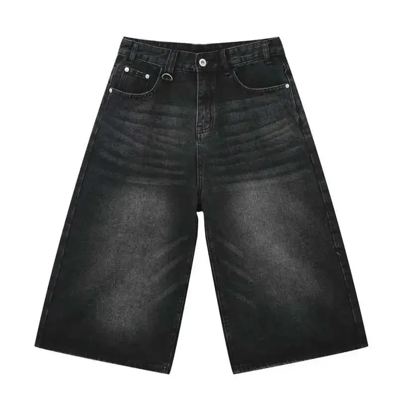 Korean Style Vintage Men's Jeans Summer Loose Male Wide Leg Knee Length Shorts New Washed Fashion Short Denim Pants