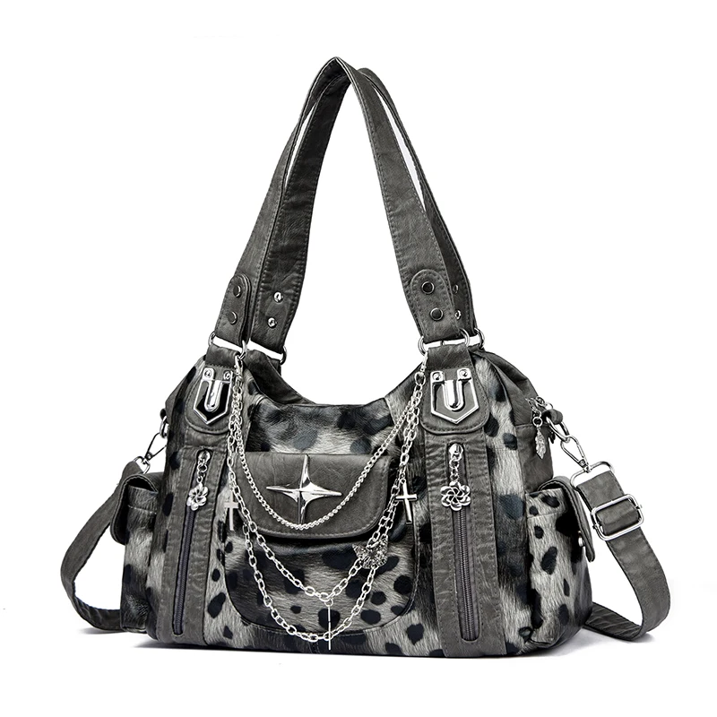 Retro-Punk-Umhängetasche für Damen, Metallkette, mehrere Taschen, großes Fassungsvermögen, PU, verstellbarer Riemen, Umhängetasche für den Pendelverkehr, Einkaufen – Detail 11
