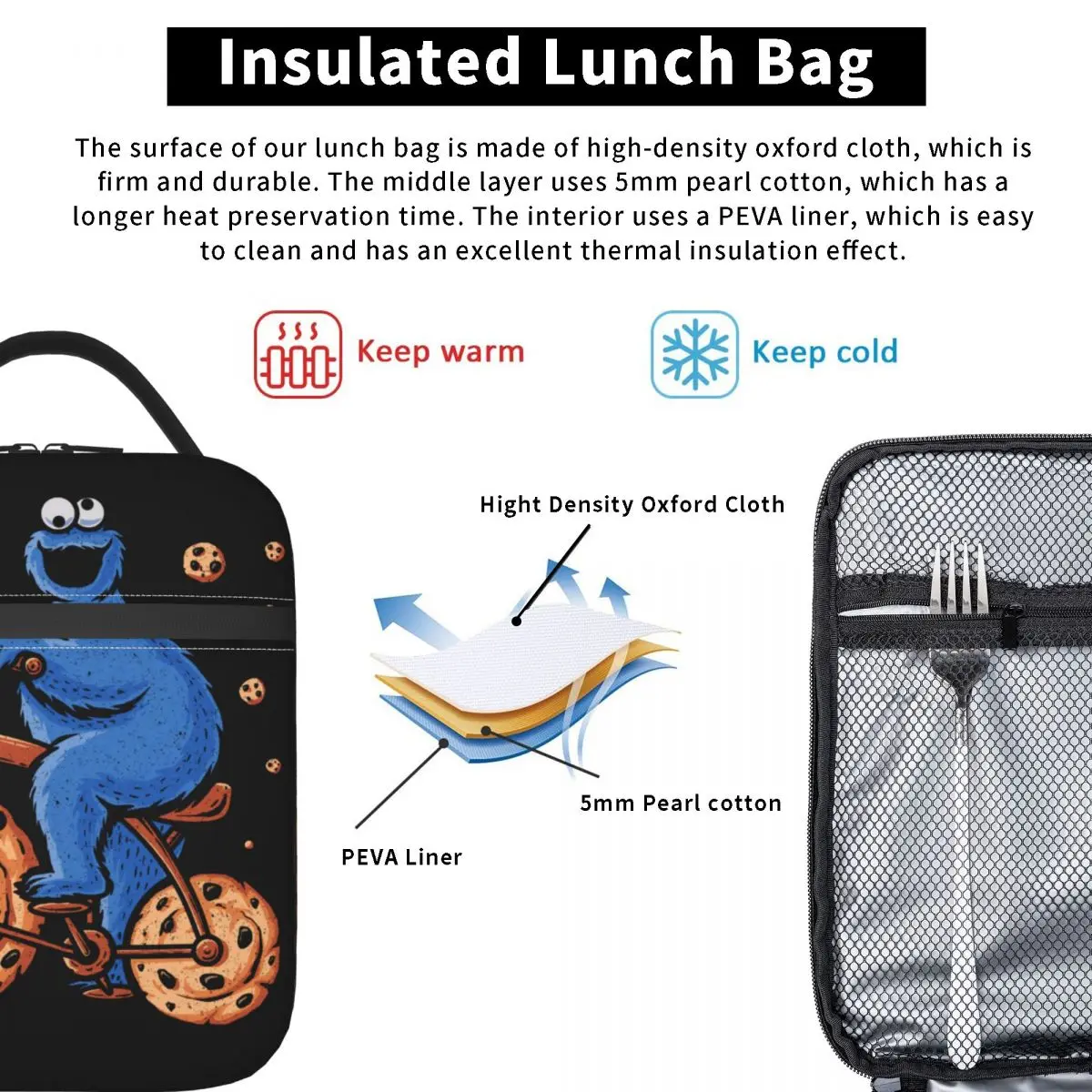 Custom Cookie Exercise-Funny Monster Bike Insulated Lunch Bags for Women Portable Cooler Thermal Food Lunch Box Camping Travel