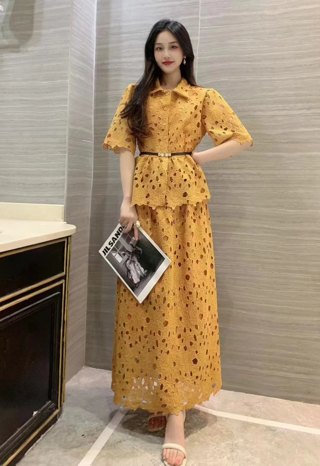 New Summer Women Elegant Hook Flower Hollow Lace Skirt Suits Turn-down Collar Half Sleeve Shirt And Long Skirt Two Piece Set