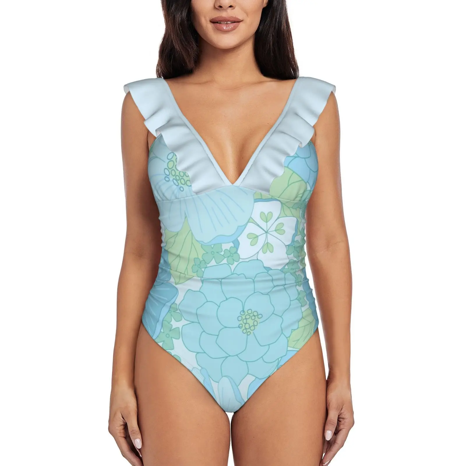 Light Blue Pastel Vintage Floral Pattern Ruffle One Piece Swimsuit Women Swimwear Push Up Monokini Sexy Print Bathing Suit