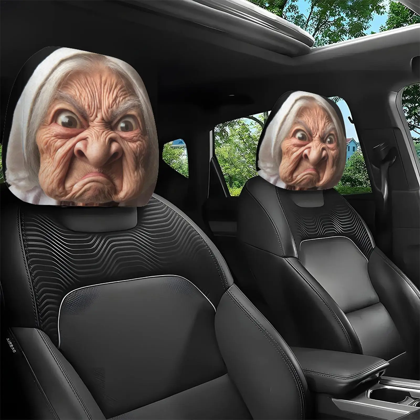 2/4pcs Old Lady Face Printed Car Headrest Cover Fun Grandma Patterns Auto Headrest Protective Case For Car Interior Accessories