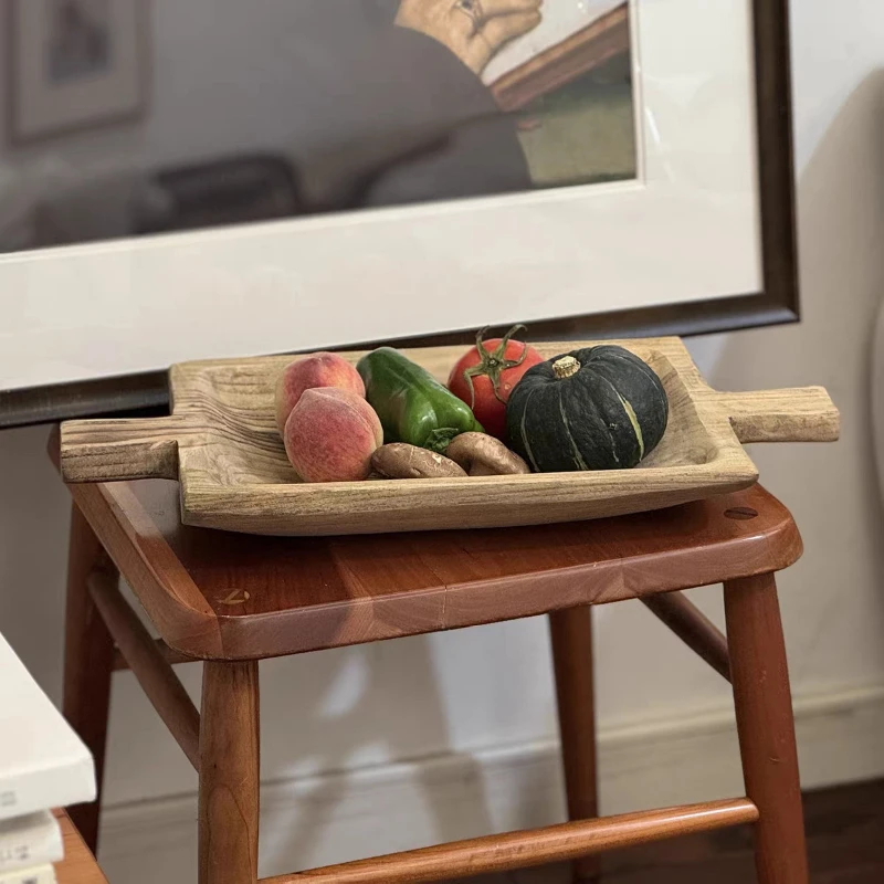 Retro wabi-sabi wind wooden tray fruit plate, homestay decoration ornament restaurant dim sum plate, solid wood plate