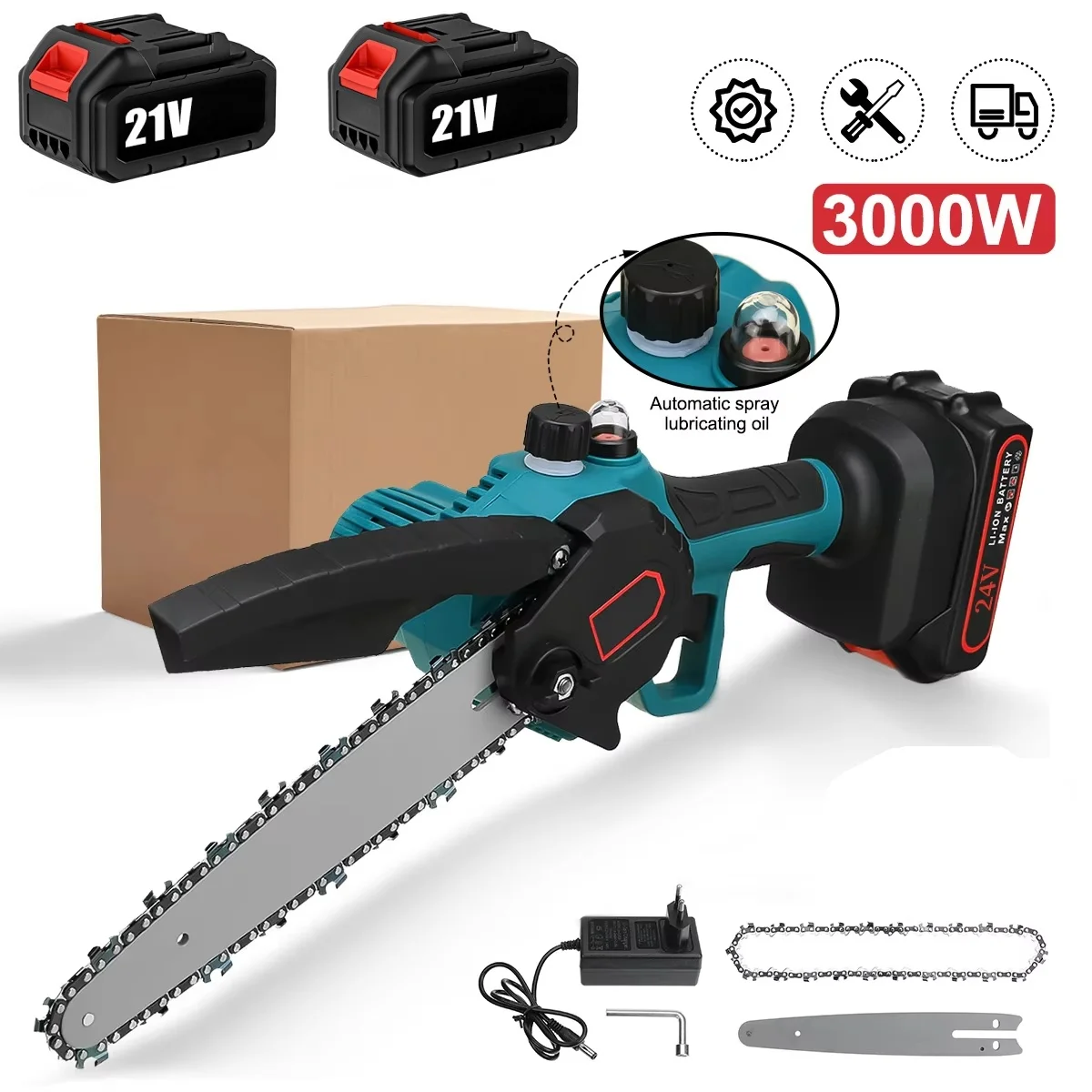 3000W 8 Zoll Akku-Elektrokettensäge mit automatischer Ölschmierung, Mini-Kettensäge, bürstenlose Motorsäge, Holzschneidewerkzeug, Baumsäge, Handheld-Gartenkettensäge, tragbares Holzfällwerkzeug,