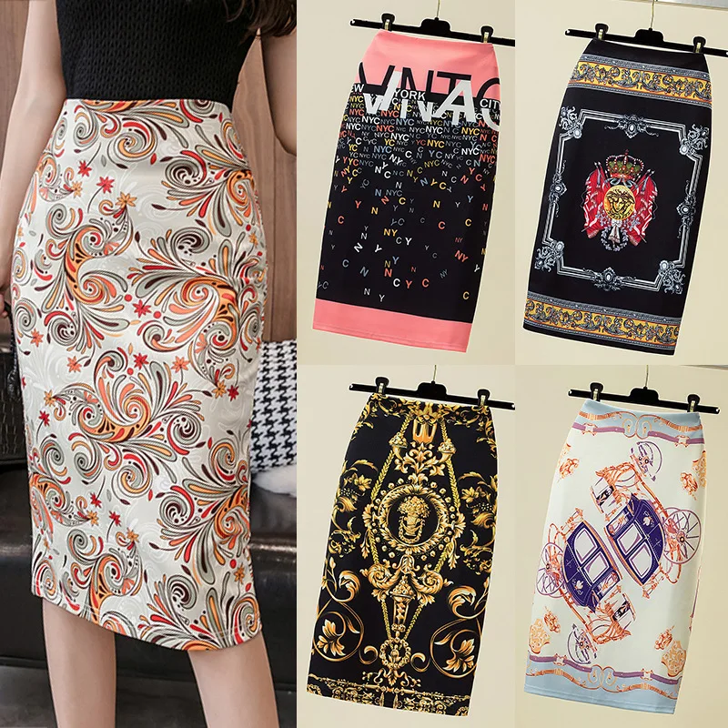 Women Floral Court Printed Midi Long Skirt Female Elastic Stretch Girls Simple Pencil Dress Office Lady Slim Casual Skirt