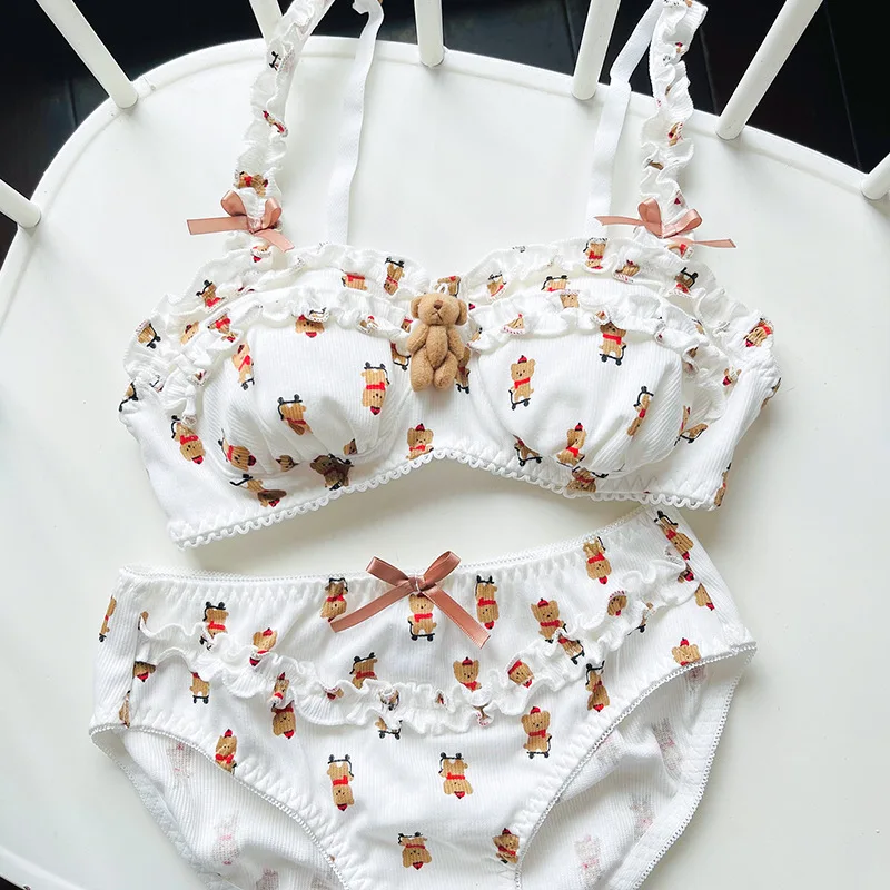 Leechee Underwear New Small Fresh Cute Sweet Cartoon Printed Bear Bra Set Small Fresh Girl Thin Bra Lingerie Set Sexy