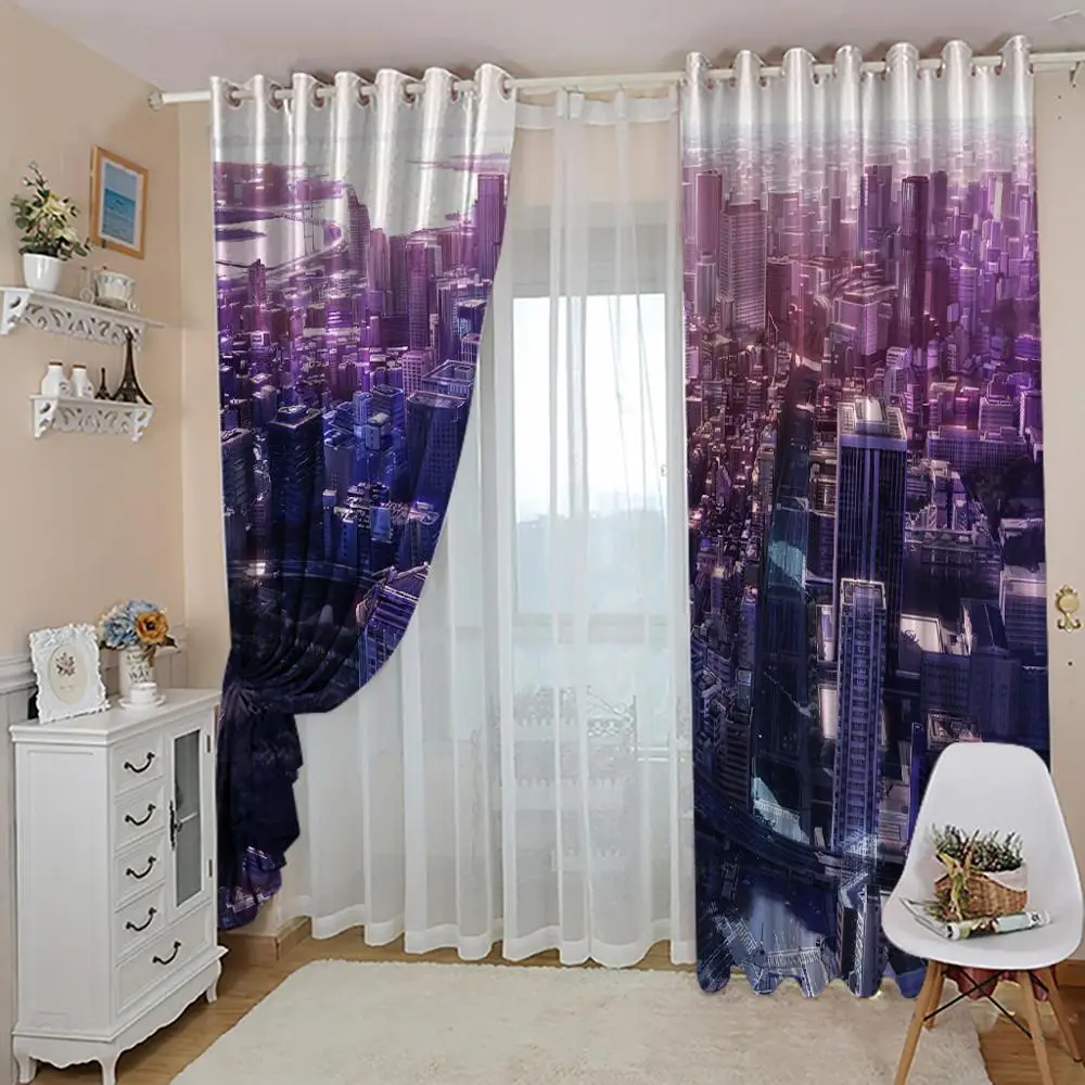 City night scene Curtain Luxury 3D Window Curtain For Living Room blue building curtains modern living room curtains