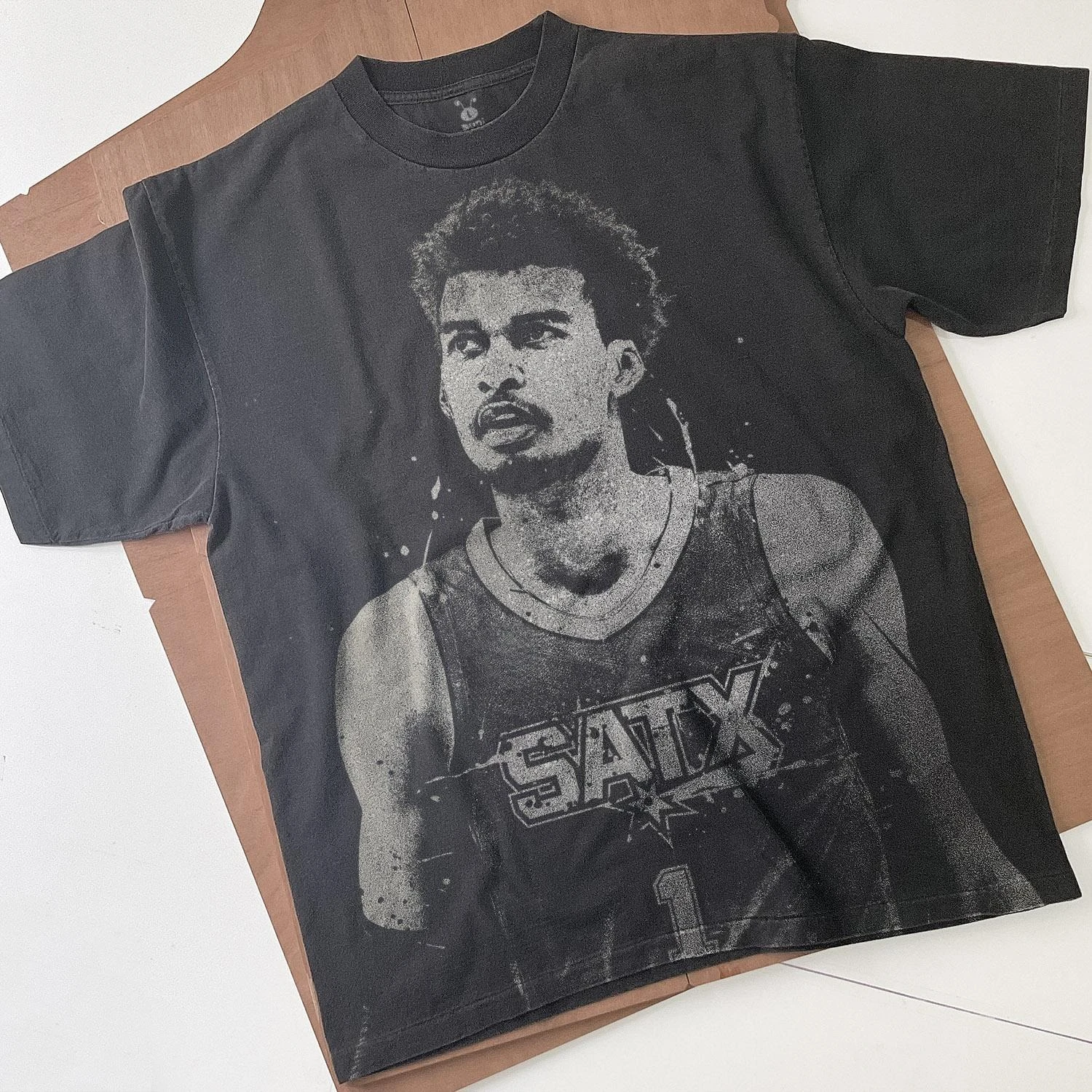 Victor Wembanyama Bleached T-Shirt: Faded Black Vintage Cotton Unisex Shirt Spray Art Overprint