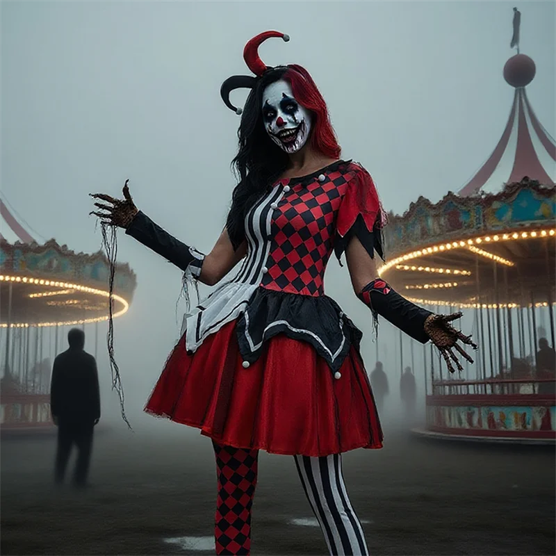 

New Horror Clown Adult Cosplay Costume Top Skirt Pants Socks Sleeves Headwear Printing Roleplay Fantasia Party Halloween Outfits