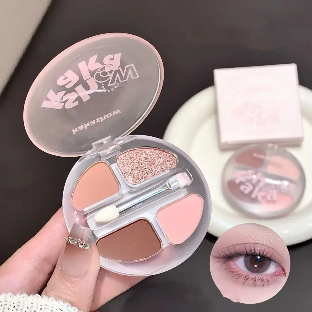 Paleta de sombra de ojos mate brillante de 4 colores, pigmento de brillo rosa desnudo, paleta de maquillaje duradera resistente al agua con pincel