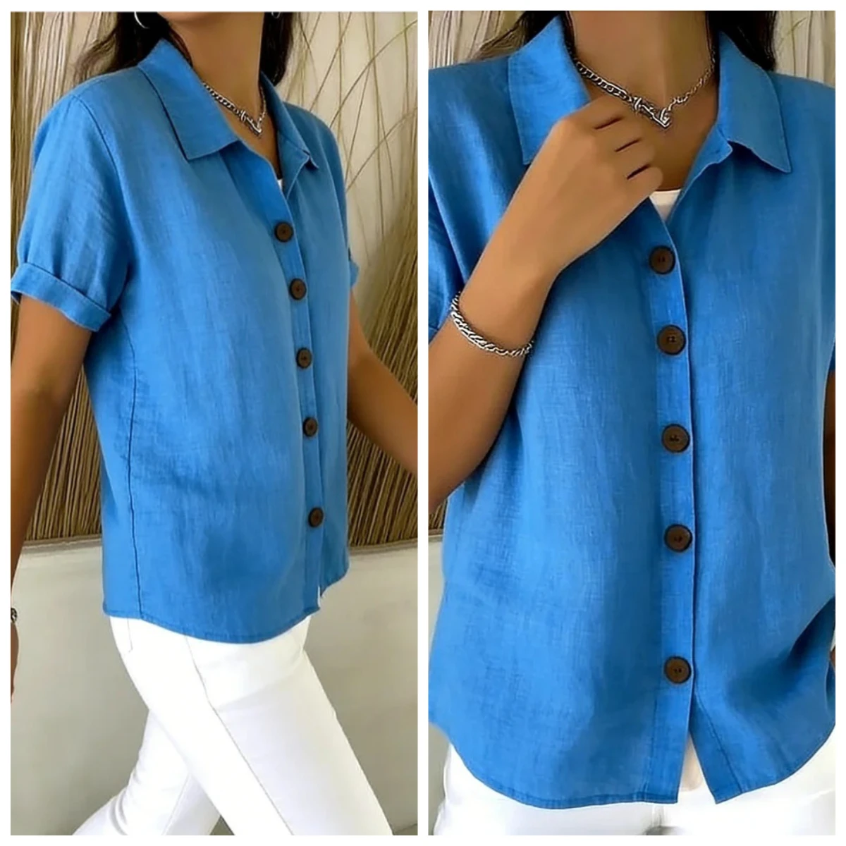 Women Summer Tops Lapel Short - Linen Shirt Breathable 评论和价格