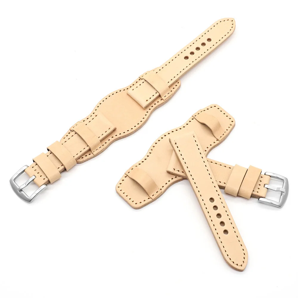 20MM 22MM Vegetable Tanned Leather Primary Color Three Section Watch strap Top Layer Tree Cream Leather Watch Holder Dial Strap