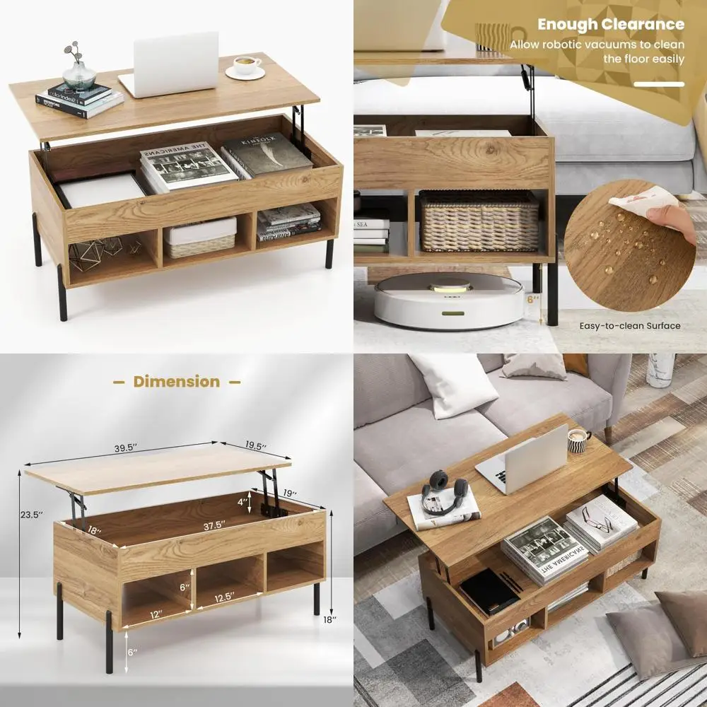 

Multifunctional Wooden Coffee Table with Metal Legs, Lift Top and Storage Compartment
