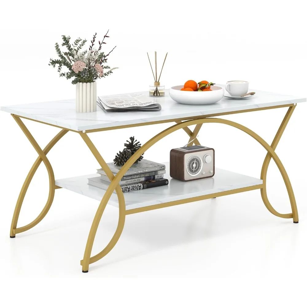 

2-Tier Faux Marble Table with Storage, Metal Frame Rectangular End Table for Living Room & Office