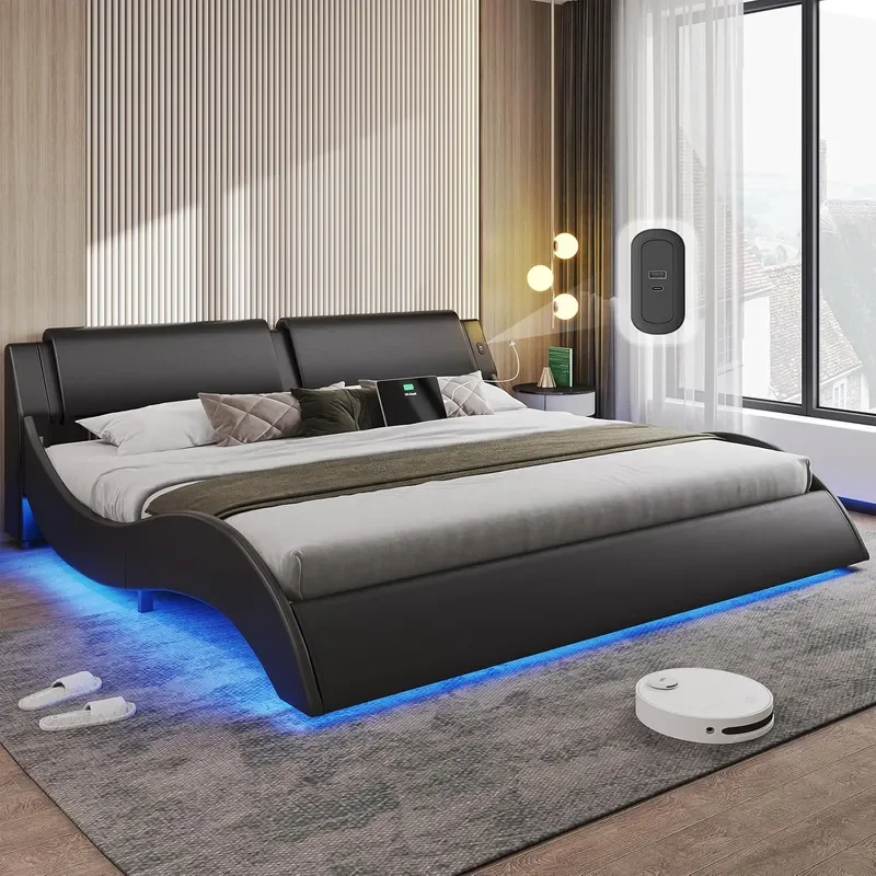 California King Bed Frame with Led Lights and USB Type c Ports Modern Cali King Bed Frame with Headboard Faux Leather Wave