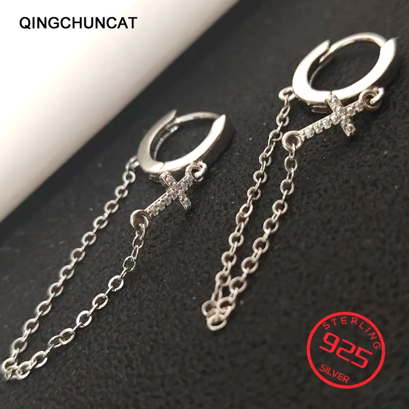 

Double Layer Linkced Chain Clips Earrings For Women Wedding Jewelry Cross Ears Stamp 925 Sterling Silver Gift 2026 New