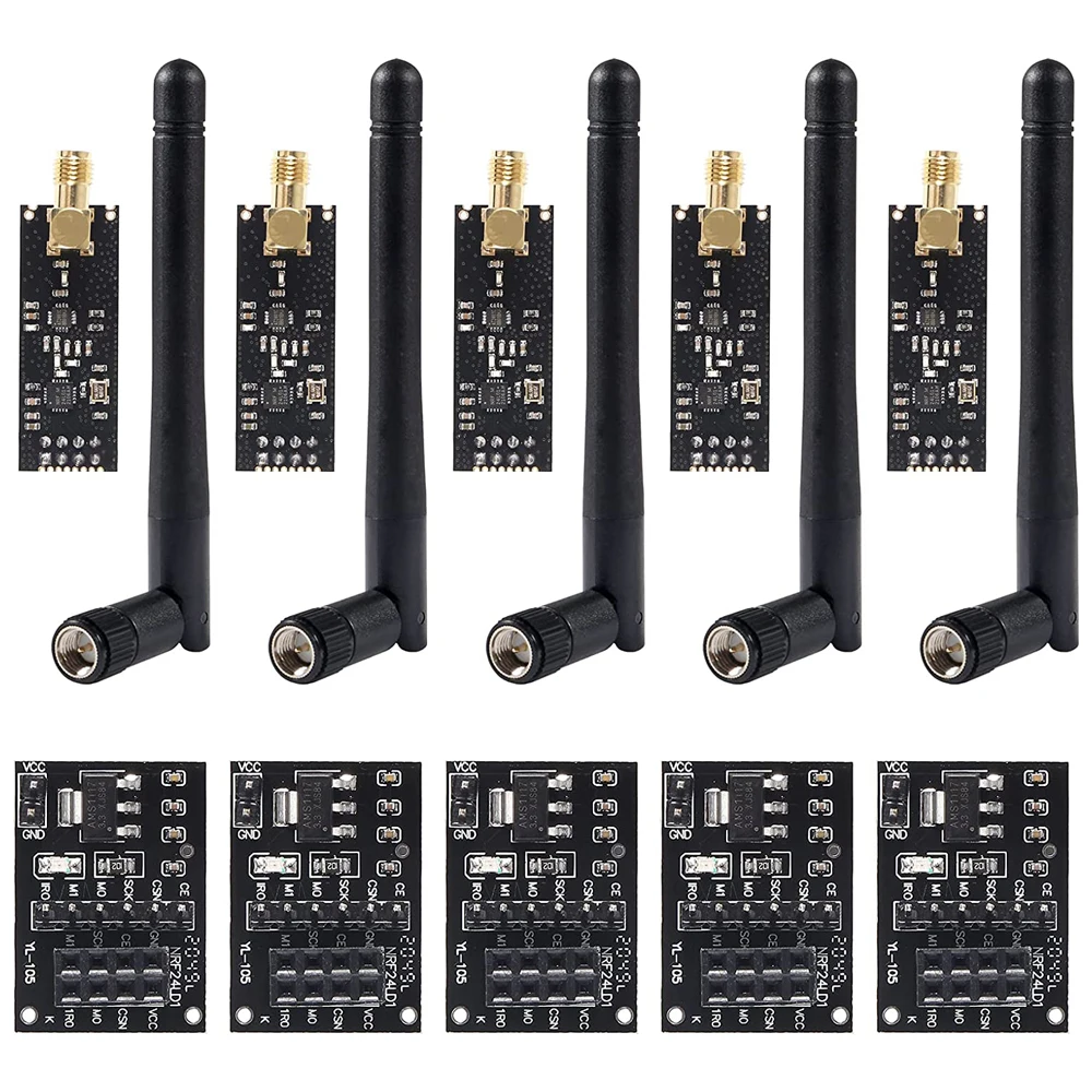 1/5Pc NRF24L01+PA+LNA RF Transceiver Module with SMA Antenna 2.4 GHz 1100m + 5pcs NRF24L01 Wireless Module with Breakout Adapter