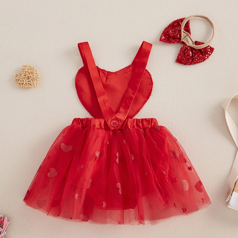 Infant Baby Girl Romper Dress Casual Valentine's Day Heart Sequins Sleeveless Jumpsuit and Headband Set Fashion Clothes Outfits