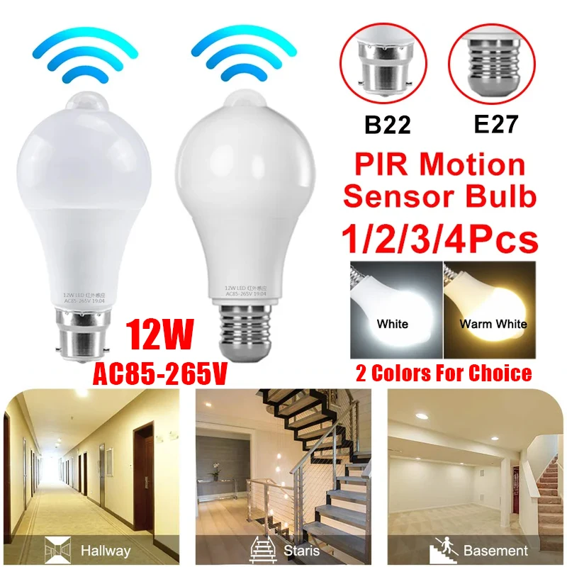 Bombilla LED con Sensor de movimiento PIR, lámpara infrarroja humana de amplio voltaje E27/B22, 1-4 piezas, 12W, automática e inteligente para pasillo y escalera