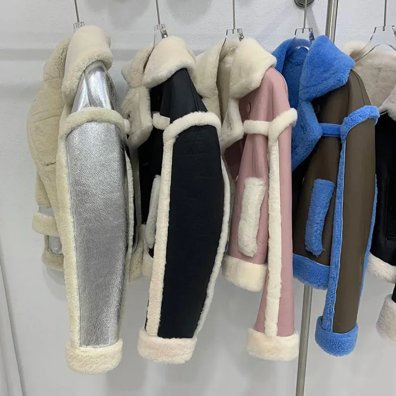 Damska zimowa kurtka w stylu Shearling moda z naturalnej owczej skóry skóra futro z jagniąt gruba ciepła prawdziwa skóra Moto Biker