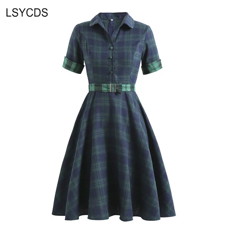 LSYCDS Vintage 50s 60s Swing Retro Dresses Fall Spring Turn-down Collar Button Up Women Clothes Dresses Elegant Robe Plaid Dress