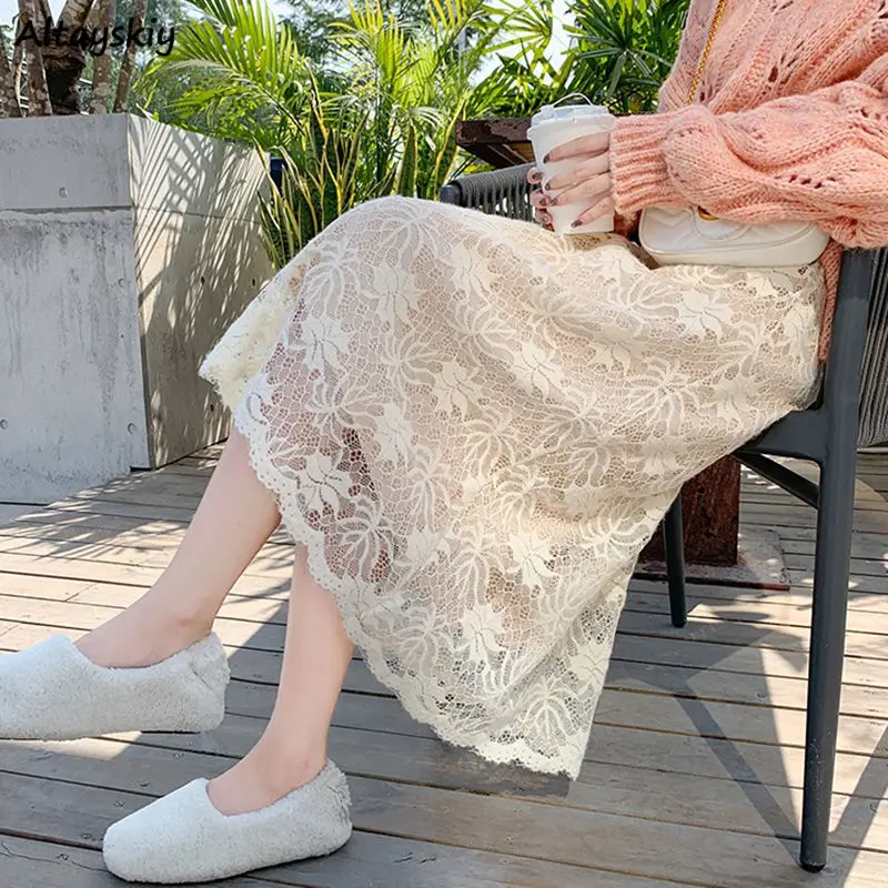 

Y2k Skirt Women Lace Patchwork Korean Fashion All-match Elegant Knitted Aesthetic Long Skirts A-line Streetwear Ins