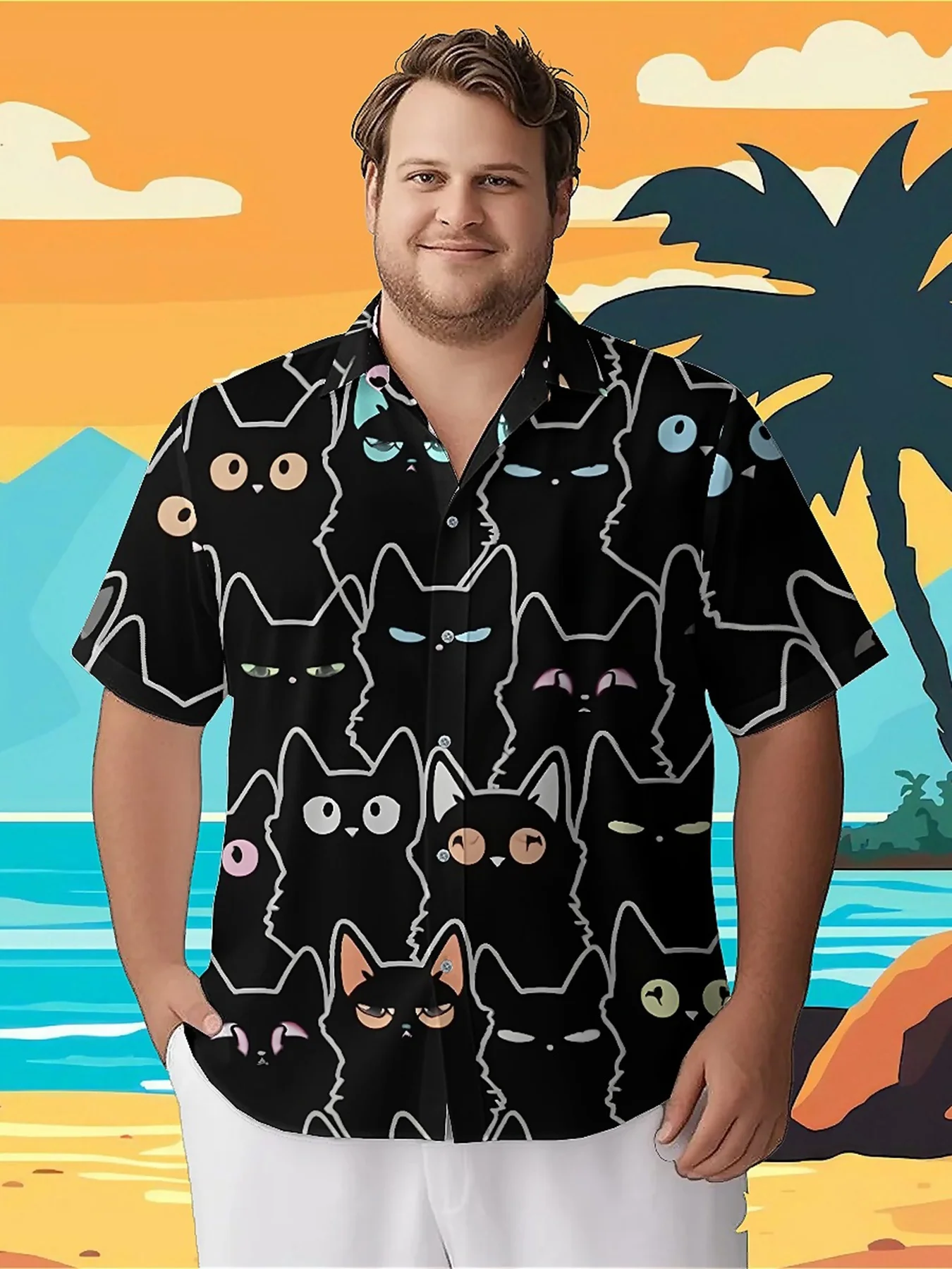 

Men's Plus Size Hawaiian Shirts Mysterious Black Cat pattern, Button Up Shirts, Unisex Casual Clothing, Summer Tops