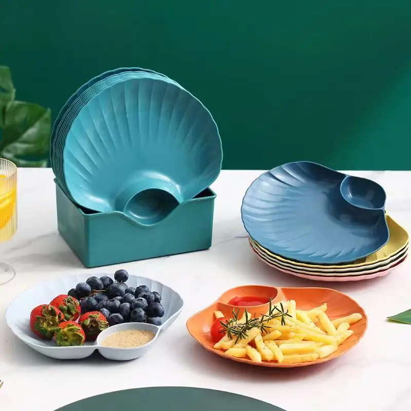 Plato de plástico con forma de concha para dumplings, con recipientes para vinagre, para sushi, desayuno, frutas secas, aperitivos y para desechar huesos