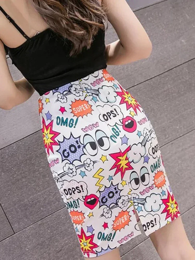 New Women\'s Pencil Skirt Cartoon Letters Print High Waist Bodycon Skirts Lady Summer Sexy Slim Female Mini Spodnica Falda SP615