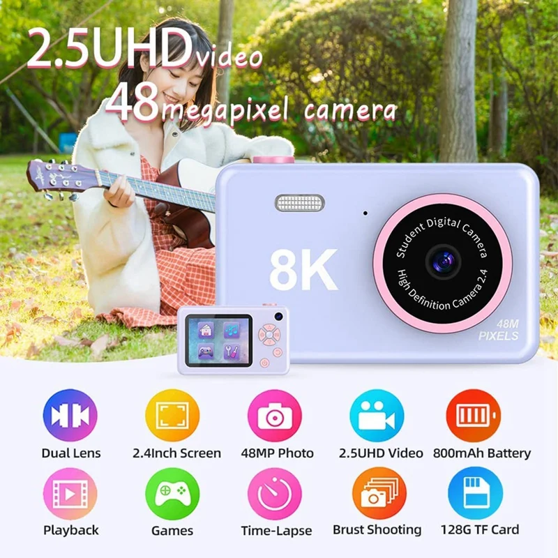 1 Set Digital Camera 48MP Kids Camera Full HD 1080P Front And Rear Cameras Rechargeable Mini Camera For Students, Teens, Kids