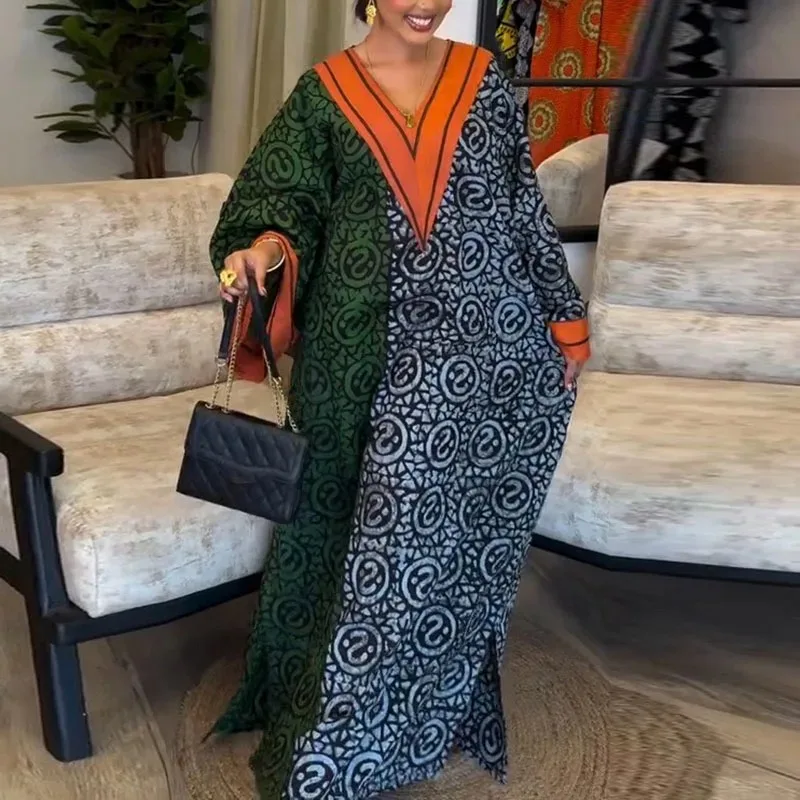 

Vintage Pattern Print Patchwork Loose Robes for Woman Casual V Neck Contrast Pullover Dress Autumn Long Sleeve Female Maxi Dress