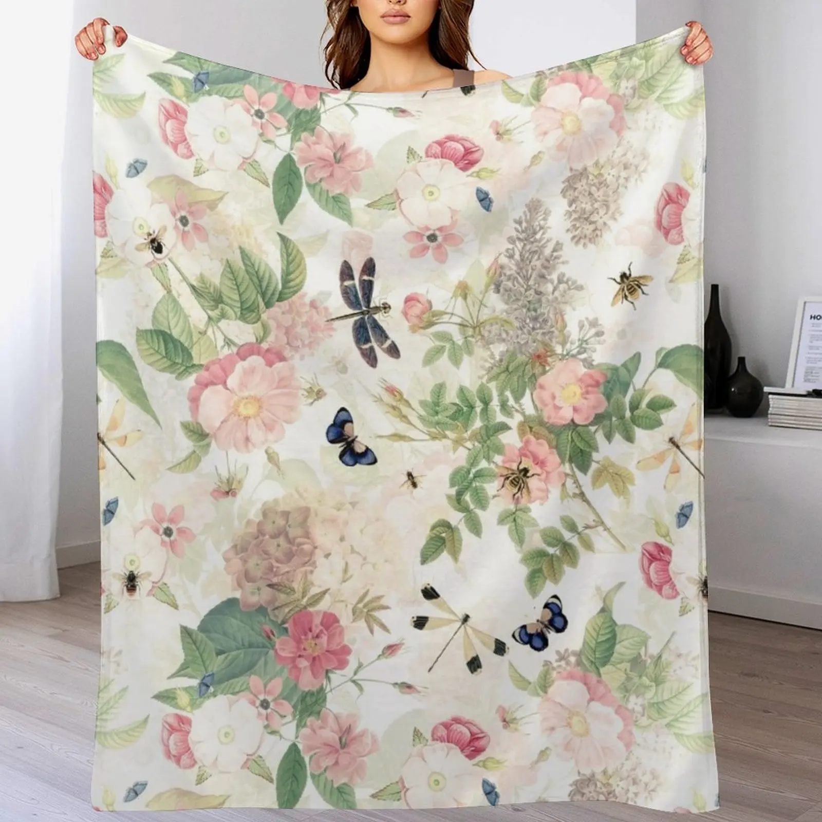 UtART - Vintage Roses Spring Flower And Early Insects Pattern - Sepia Blush Cream white Throw Blanket Bed Blankets