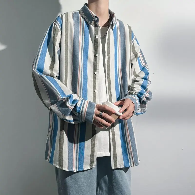 Spring Autumn Men's 2024 New Splicing Square Collar Button Stripe Fashion Minimalist Casual Loose All-match Long Sleeve Shirts