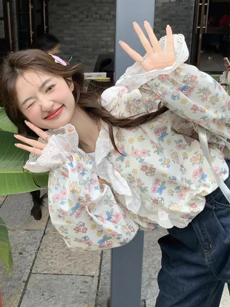 Chemises florales à volants pour femmes, douce, ample, décontractée, mignonne, japonaise, manches longues, Design Vintage, Prairie Chic, hauts