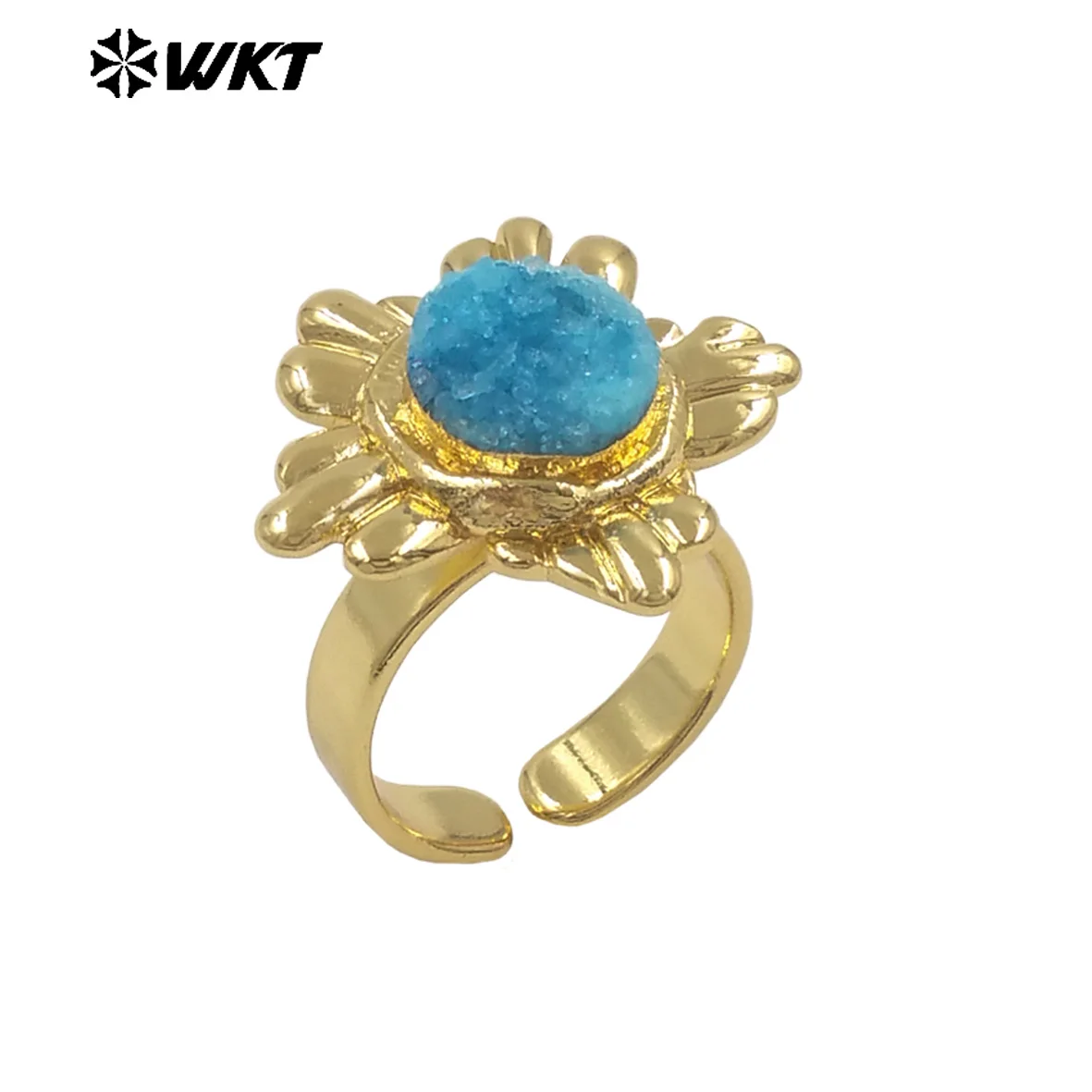 WT-R609 Beautiful Gold Plated Natural Druzy Quartz Stone Sun Flower Shape  Women Rings For Party Trendy Wearing Accessory