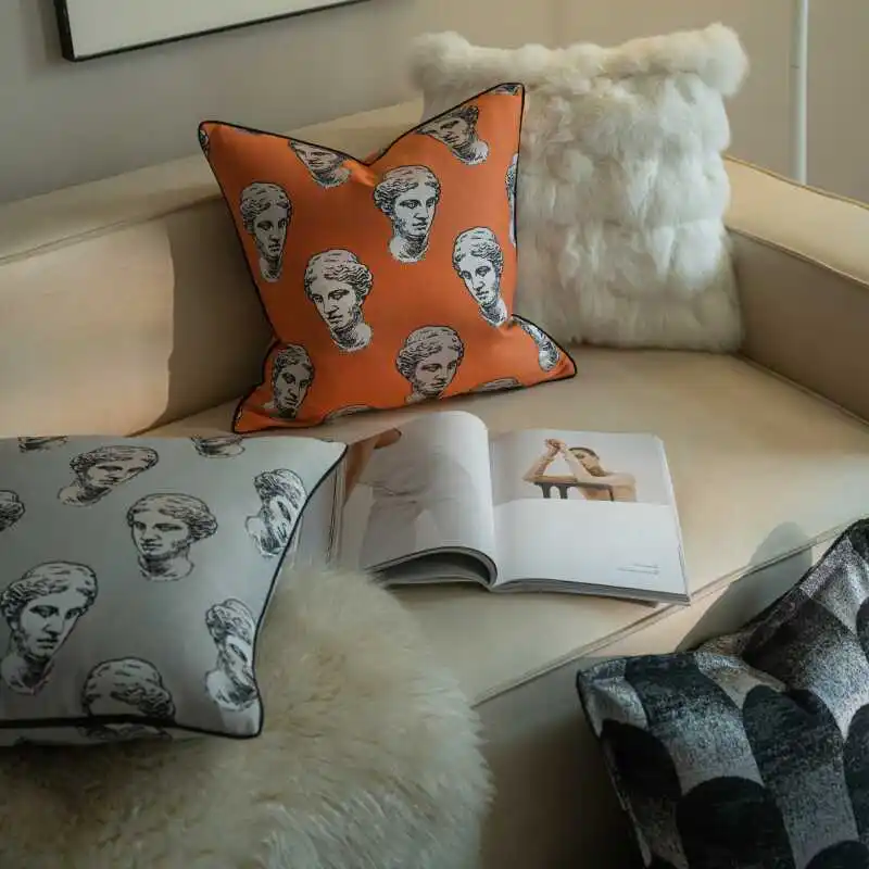 Orange Cushion Cover Jacquard Statue Pillow Case Decorative for Car Seat Chair Bed Couch Home Room Decor Throw Pillows
