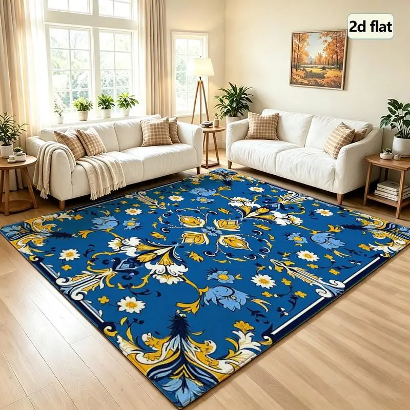 Blue Yellow Baroque Floral Carpet Flooring Square Symmetric Pattern Area Rug Dining Room Decor