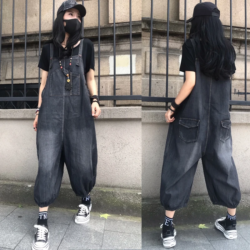 

Летние джинсовые комбинезоны больших размеров 2025 года, свободные, прямые, из тонкого денима, в стиле ретро, с широкими штанинами, модные, с высокой талией, длина до щиколотки...